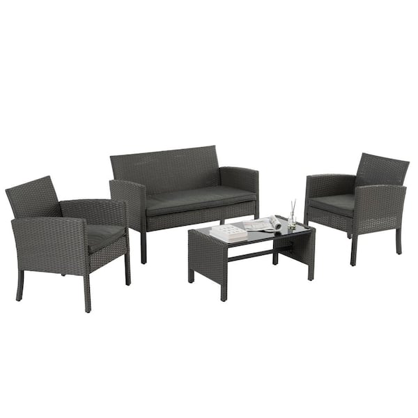Zeus & Ruta 4-Piece Gray Outdoor Wicker Patio Conversation Set with Gray Cushions and Coffee Table for Porch, Backyard and Garden