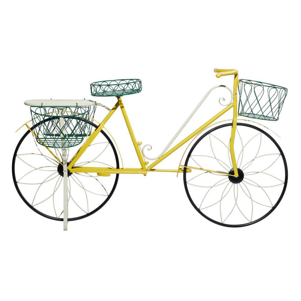Yellow Iron Bicycle Plant Stand with Baskets and Saddle Bags