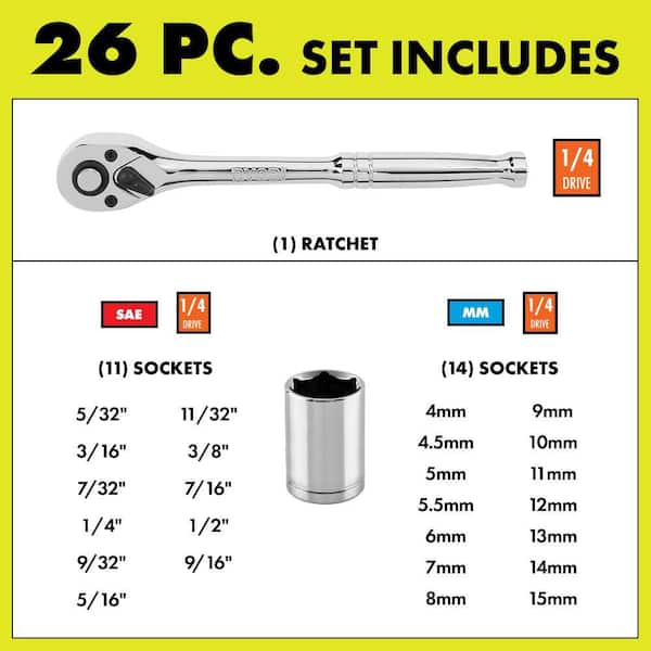 26-Piece 1/4 in. Drive Standard (SAE) and Metric Mechanics Ratchet Set and Socket Set