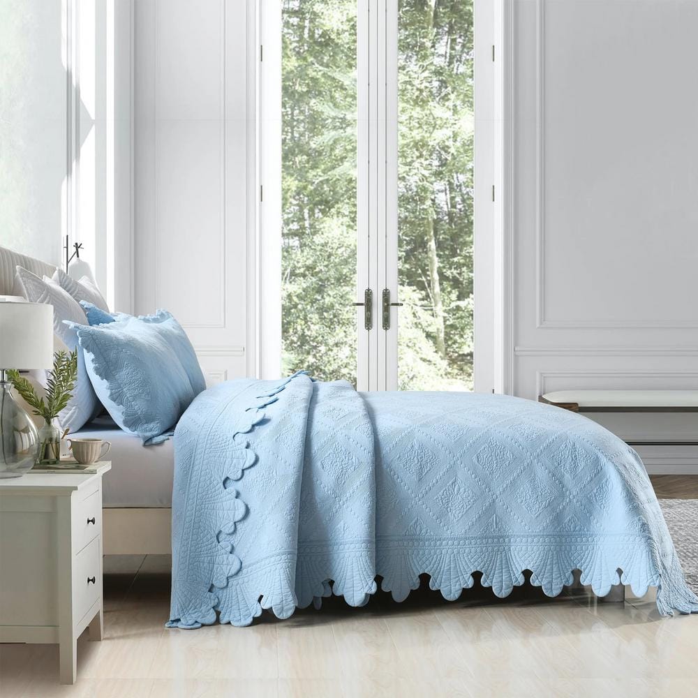 Light Blue Cotton Queen Reversible Bedspread Set
