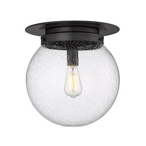 Calhoun 13 in. 1-Light Matte Black Modern Farmhouse Flush Mount with Clear Seeded Glass Shade and No Bulbs Included