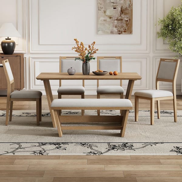 Polibi 6 -Piece Rectangular Natural Wood Wash MDF Wood Top Dining Room ...
