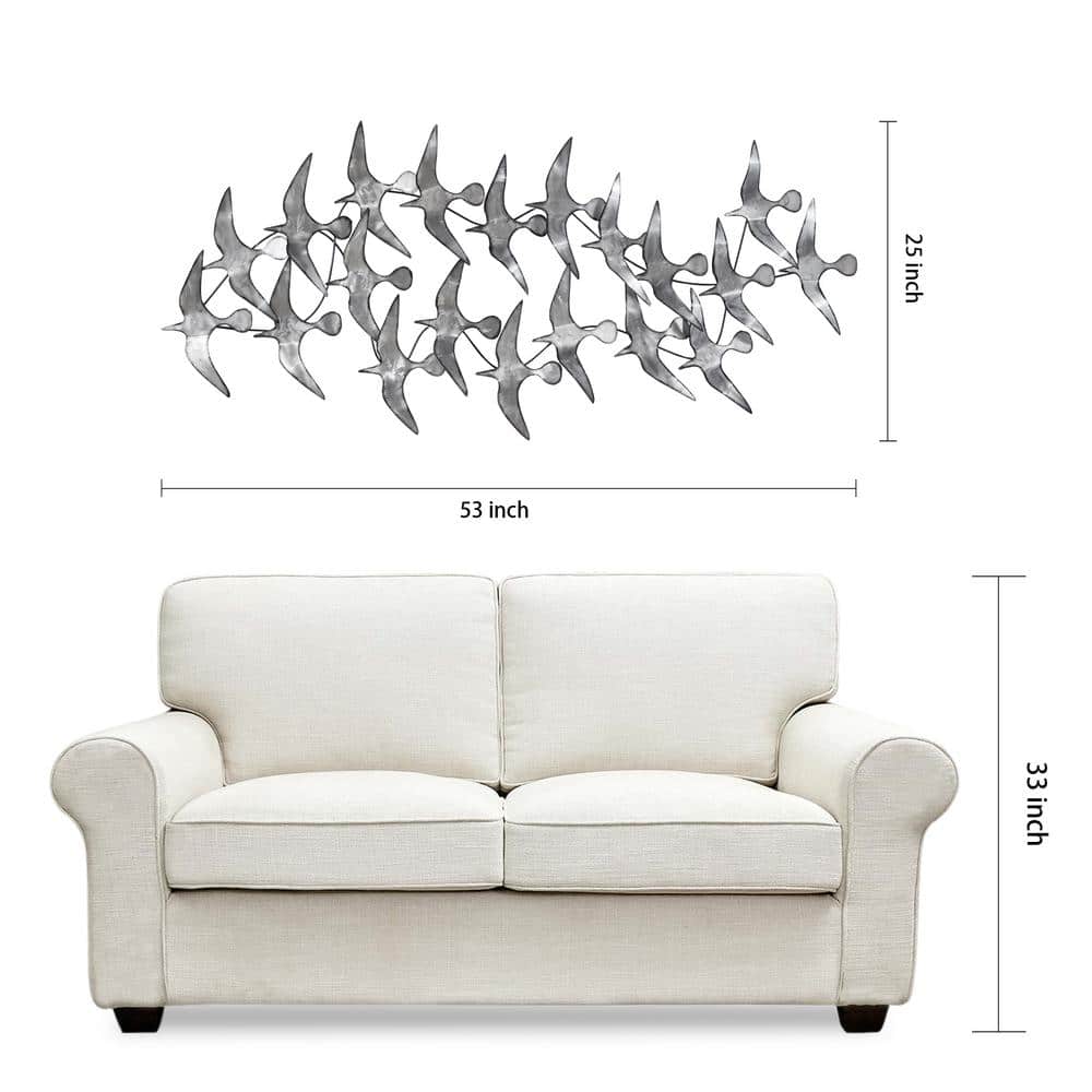 Hand Painted Silver Metal Bird Wall Sculpture, 52" x 22.8"