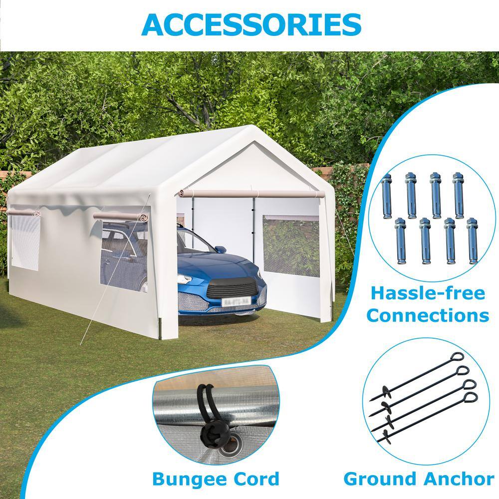 10' x 20' White Portable Steel Frame Carport with Windows