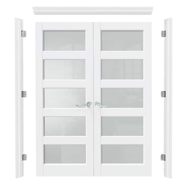 48 in. x 80 in. 5 Lite Frosted Glass Universal White Primed Double Prehung French Door w/ Quick Assemble Jamb and Handle