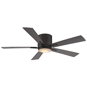 52 in. Indoor Black Integrated LED Modern Flush Mount Ceiling Fan with Light, Wall Control Switch, and 5 Blades