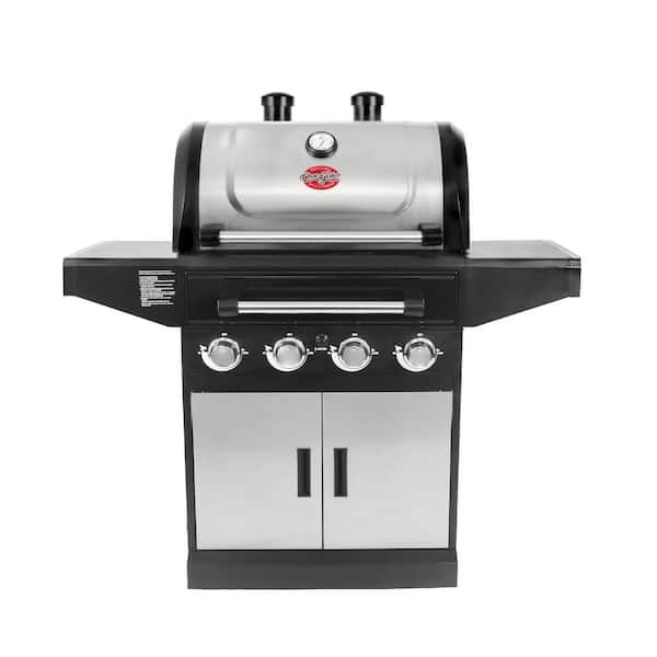 Char-Griller Flavor Pro 4-Burner Propane, Wood Gas Grill with Multi-Fuel Flavor Drawer in Silver
