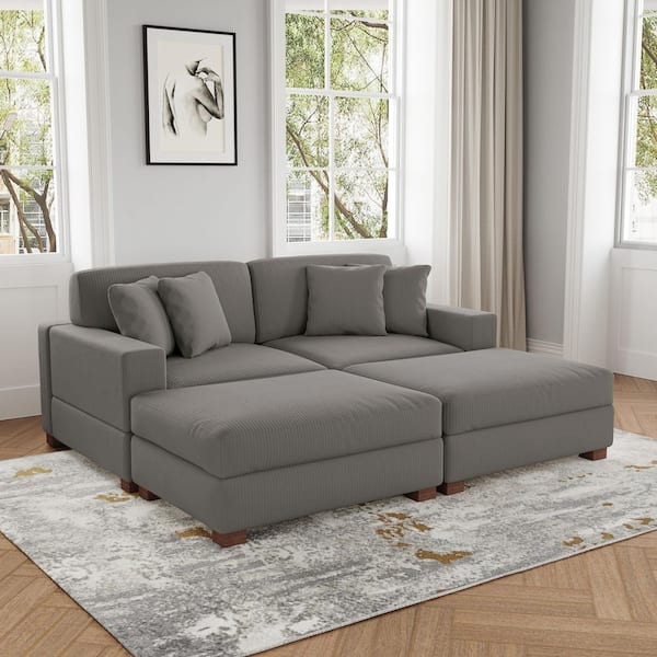 83 in. W Modern Square Arm 4-Piece Corduroy Fabric Sectional Sofa in Light Gray with 4 Pillows