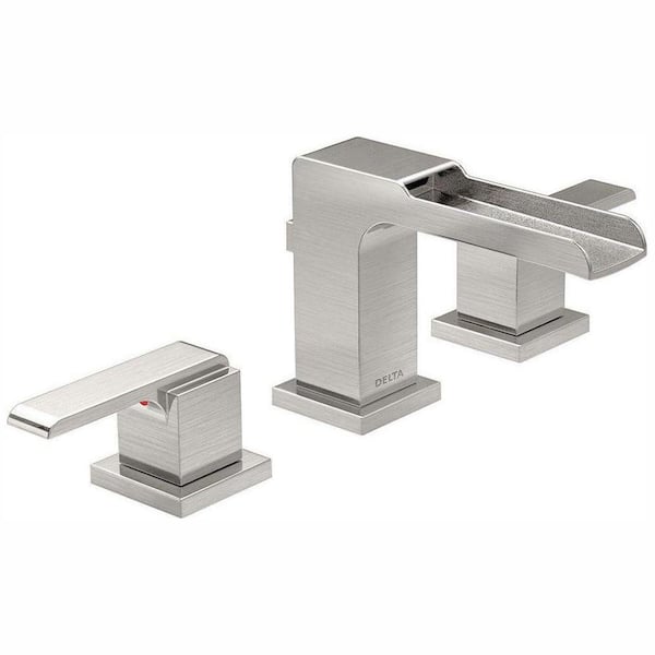 Delta Ara 8 in. Widespread 2-Handle Bathroom Faucet with Channel Spout and Metal Drain Assembly in Stainless