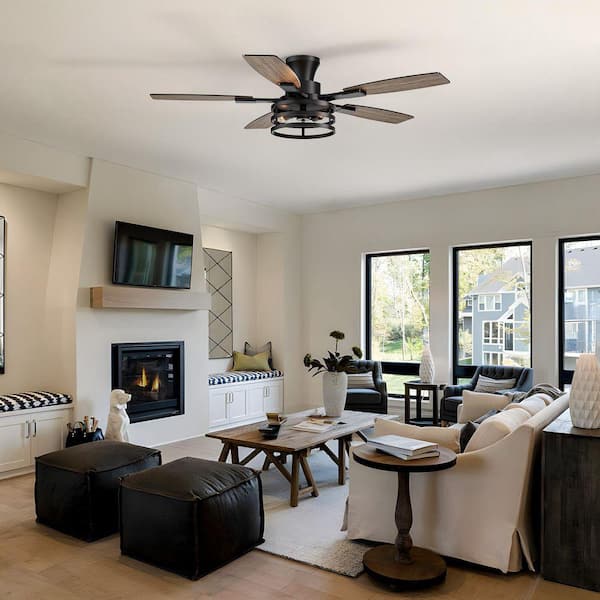 52 in. Farmhouse Black Caged Flush Mount Ceiling Fan with Light and Remote, Walnut or Black Reversible Blades