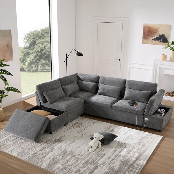 Luxury Collection 107 in. Chenille Grey Twin Size Modular Sofa Bed with Storage Ottoman and Charging Station