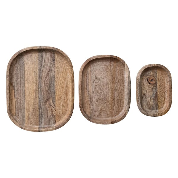 9.5 in. W x 1 in. H x 11.8 in. D Oval Brown Mango Wood Serving Trays (Set of 3)