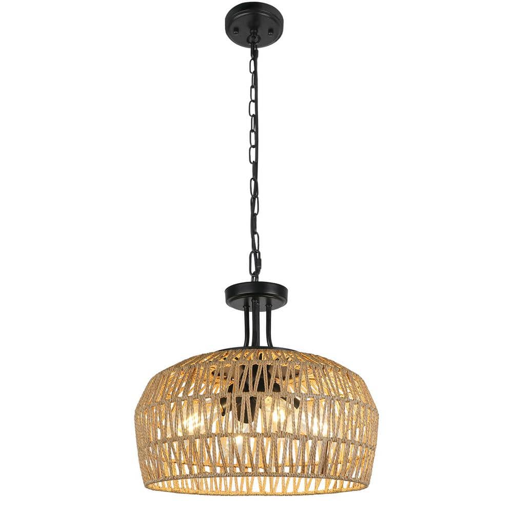18.11 in. 4-Light Black and Brown Large Farmhouse Pendant Light with Rattan