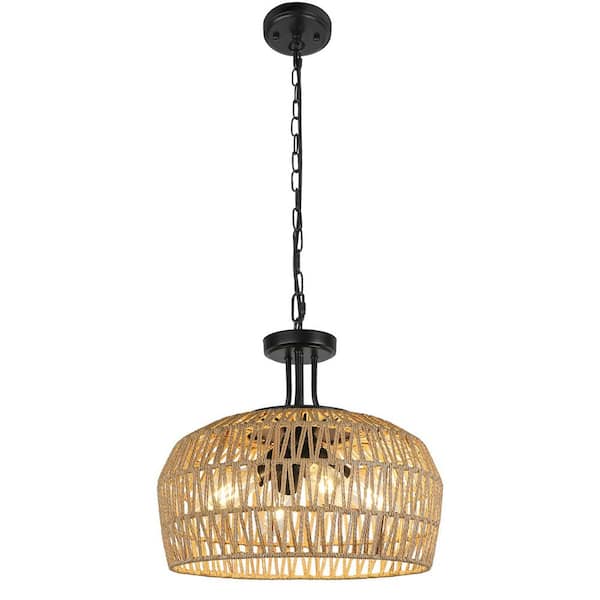Unbranded 18.11 in. 4-Light Black and Brown Large Farmhouse Pendant Light with Rattan Shade for Kitchen Island Dining Room