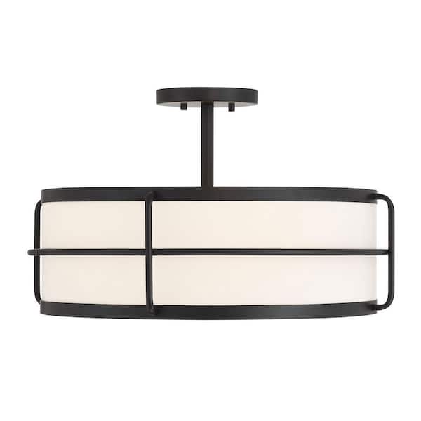 Chauncey 22 in. 4-Light Matte Black Vintage Industrial Semi-Flush Mount Ceiling Light with White Fabric Shade