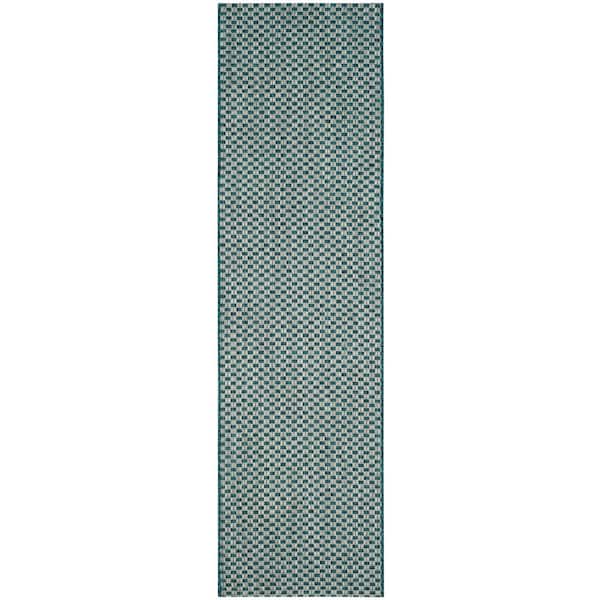 SAFAVIEH Courtyard Turquoise/Light Gray 2 ft. x 20 ft. Distressed Solid Color Indoor/Outdoor Runner Rug