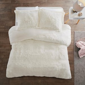 Leena 3-piece Ivory Full/Queen Shaggy Fur Duvet Cover Set