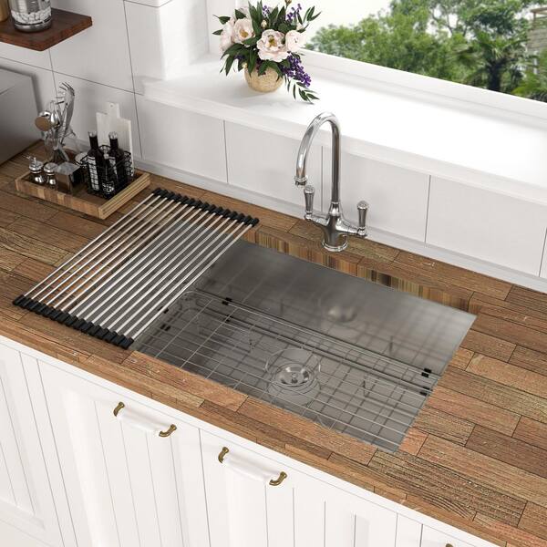 Dueyeeri - 33 in. Undermount Single Bowl 16-Gauge Brushed Nickel Stainless Steel Kitchen Sink with Bottom Grids