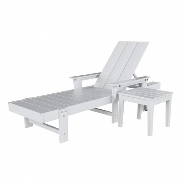 WESTIN OUTDOOR Shoreside 2Piece Modern Poly Plastic Adjustable Reclining Outdoor Patio Chaise Lounge Armchair and Table Set, White