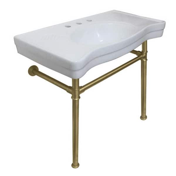 Kingston Brass Console Table Combo in White with Metal Legs in Brushed Brass