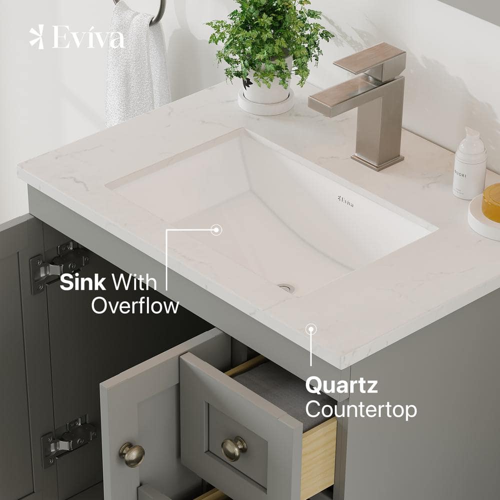 Gray Solid Wood Bathroom Vanity with White Quartz Top, 24-inch