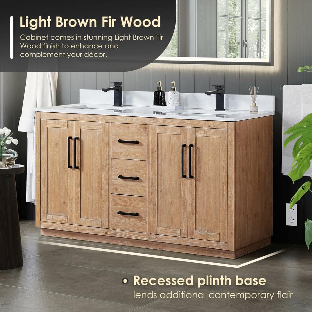 Cicero 60" Light Brown Fir Wood Vanity with White Stone Top and Mirror