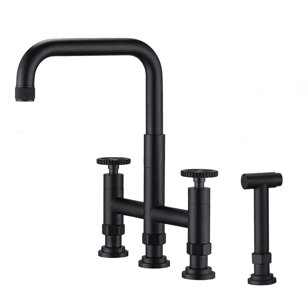 Double Handle Bridge Kitchen Faucet with Side Spray in Matte Black