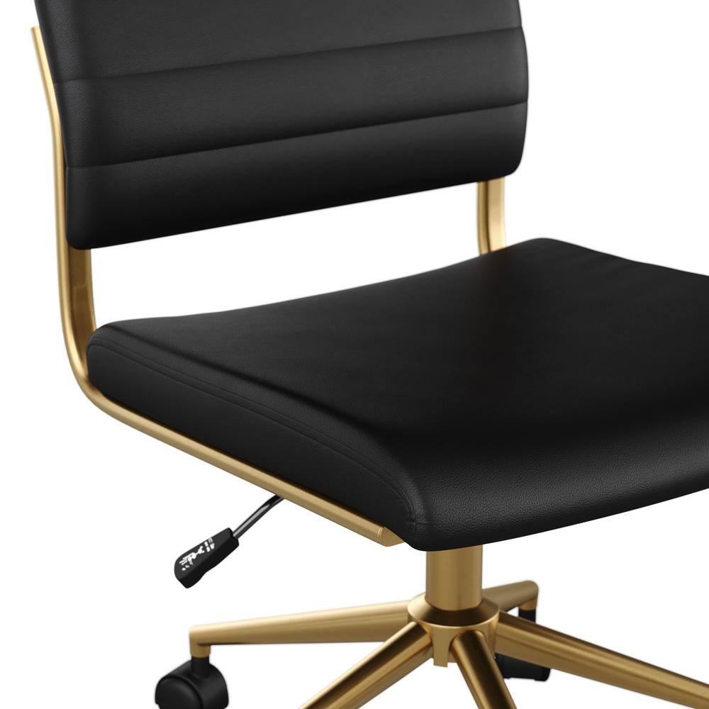 Black Faux Leather Armless Swivel Office Chair with Brass Frame