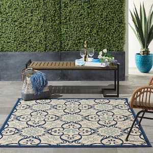 Caribbean Ivory/Navy 5 ft. x 5 ft. Square All-over design Transitional Indoor/Outdoor Patio Area Rug
