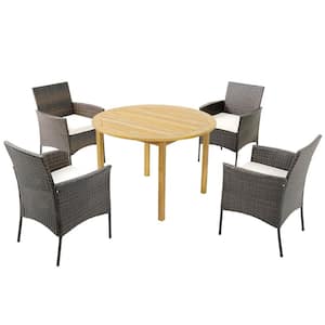 5-Piece Patio Acacia Wood Round Table Outdoor Dining Set with 4 Cushioned Wicker Armchairs