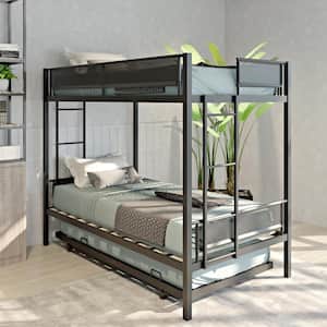 Industrial Black Twin Over Twin Metal Bunk Bed With Trundle