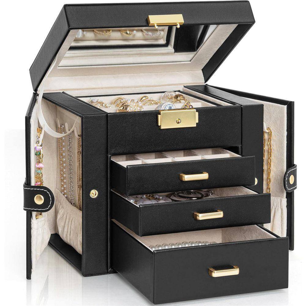 4-Tier Jewelry Box Faux Leather Jewelry Storage Organizer with 3