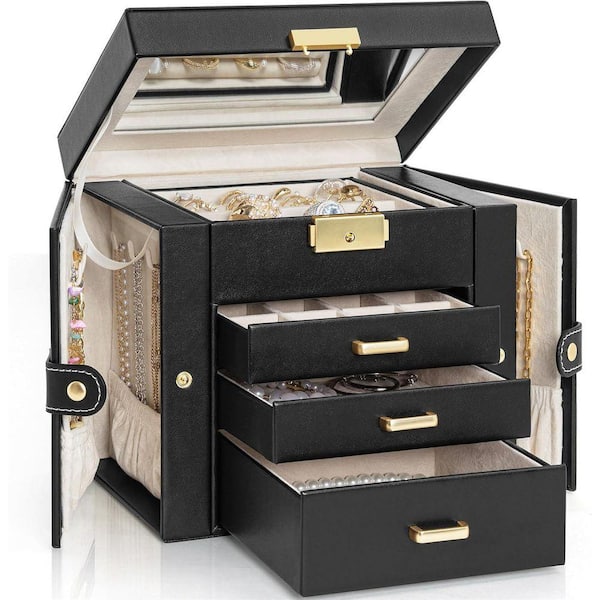 4-Tier Jewelry Box Faux Leather Jewelry Storage Organizer with 3