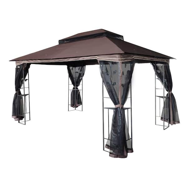 Zeus & Ruta 13 ft. x 10 ft. 2-Tier Patio Gazebo Canopy with Breathable Mesh Netting and Privacy Sidewalls, Black and Dark Brown