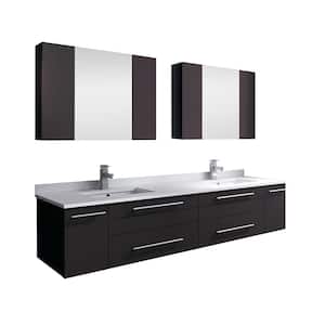 Lucera 72 in. W Wall Hung Vanity in Espresso with Quartz Double Sink Vanity Top in White, White Basins, Medicine Cabinet