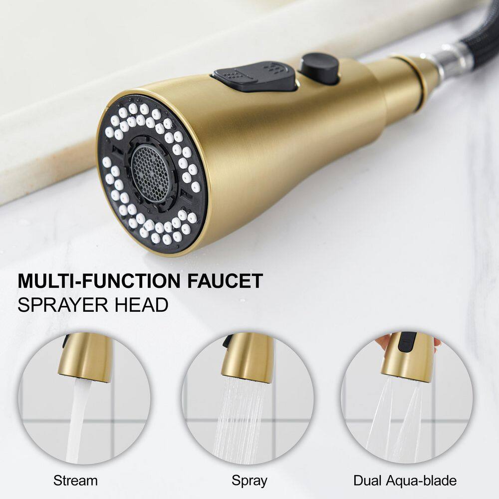 Brushed Gold Stainless Steel High Arc Kitchen Faucet with Pull-out Spray