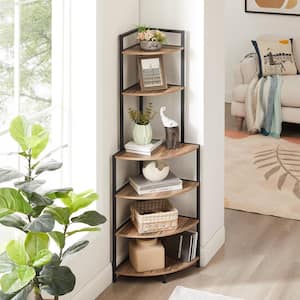 Brown Wood Kitchen Cart, 6-Tier Corner Open Shelf Bookcase Freestanding Small Bookshelf Living Room Office Kitchen