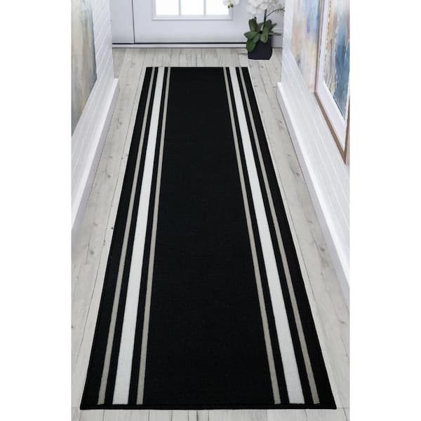 Solid Border Design Cut to Size Black Color 31 .5" Width x Your Choice Length Custom Size Slip Resistant Runner Rug