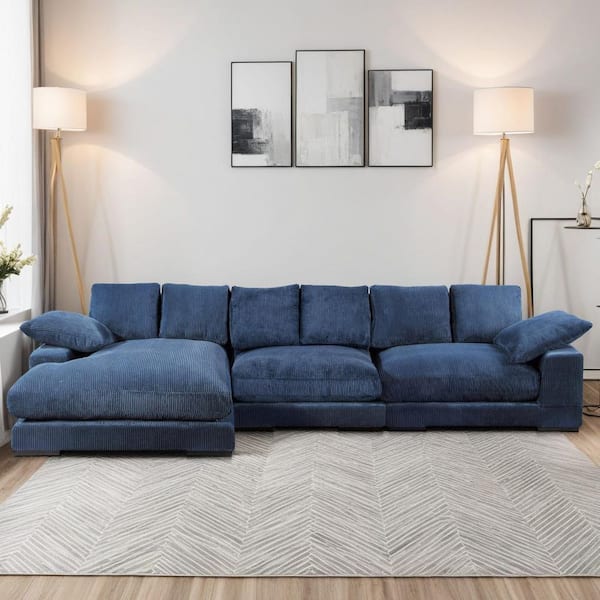 Keira 147.5 in. Square Arm 5-Piece Polyester Reversible Chaise Sectional Sofa in Navy with Removable Cushions