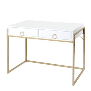 41.7 in. Matte White and Gold Home Office Writing Desk Rectangular Makeup Vanity Table Study Desk 2 Drawers