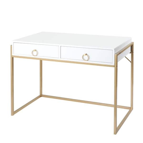 Aupodin 41.7 in. Matte White and Gold Home Office Writing Desk Rectangular Makeup Vanity Table Study Desk 2 Drawers