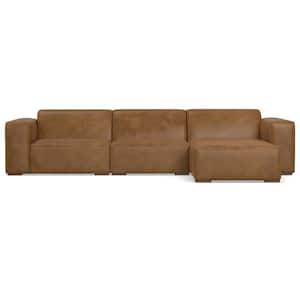 Rex 122 in. Straight Arm Genuine Leather L-shaped Right-Facing Modular Sectional Sofa in. Caramel Brown