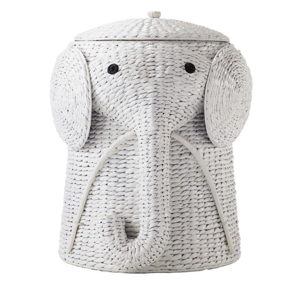 White Wicker Elephant Shaped Laundry Basket with Lid