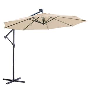 9.5 ft. Steel 24 Solar LED Lights Patio Cantilever Umbrella in Tan