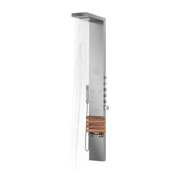 Oahu 4-Jet Shower System with Folding Teak Seat and Matte Stainless Steel Panel with Polished Chrome Fixtures Oahu 4-Jet Shower System with Folding Teak Seat and Matte Stainless Steel Panel with Polished Chrome Fixtures