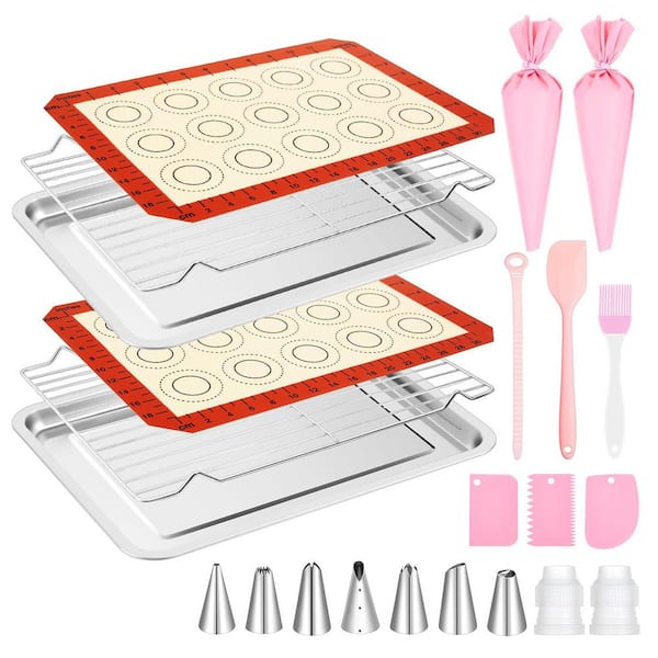 Stainless Steel Silicone Macaron Baking Mat Set 25-Pieces Baking Sheet Tray Cooling Rack Piping Tool Kit