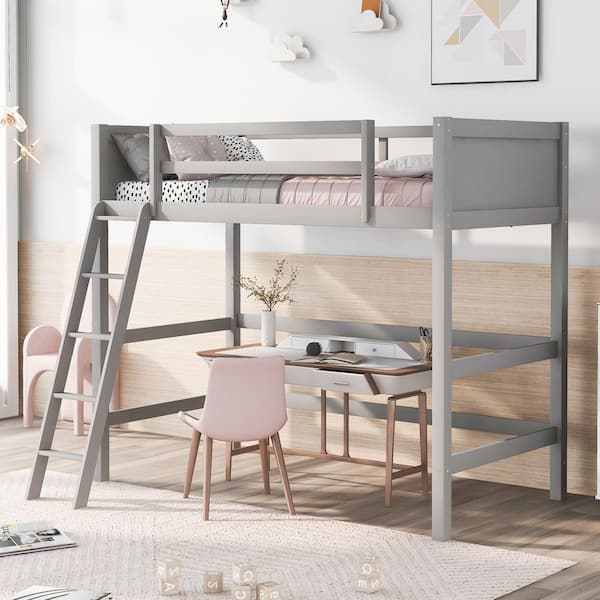GODEER Gray Solid Wood Twin Loft Bed with Ladder
