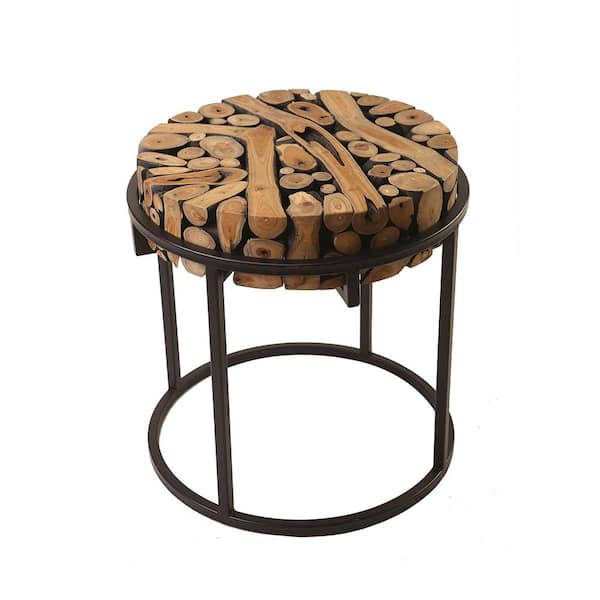 Padma's Plantation Safari 21.5 in. Natural/Black Small Round Teak Branch Side Table with Iron