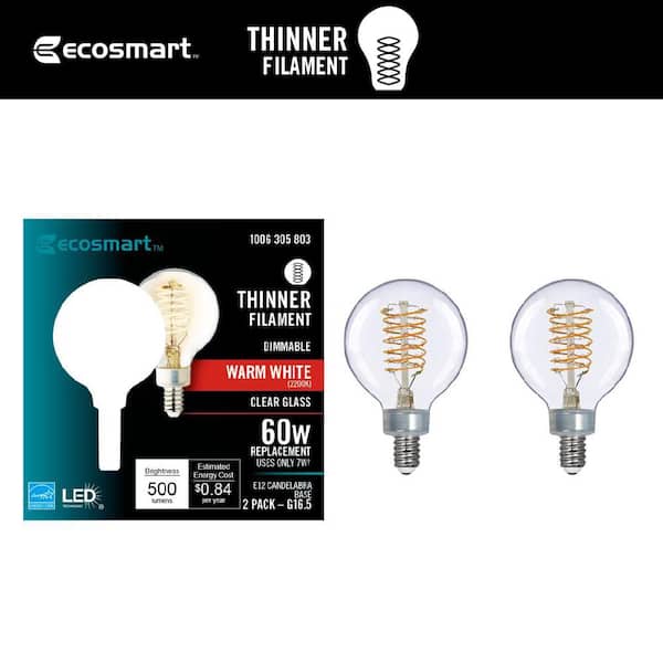 60-Watt Equivalent G16.5 Dimmable Fine Bendy Filament LED Vintage Edison Light Bulb Warm White (2-Pack)