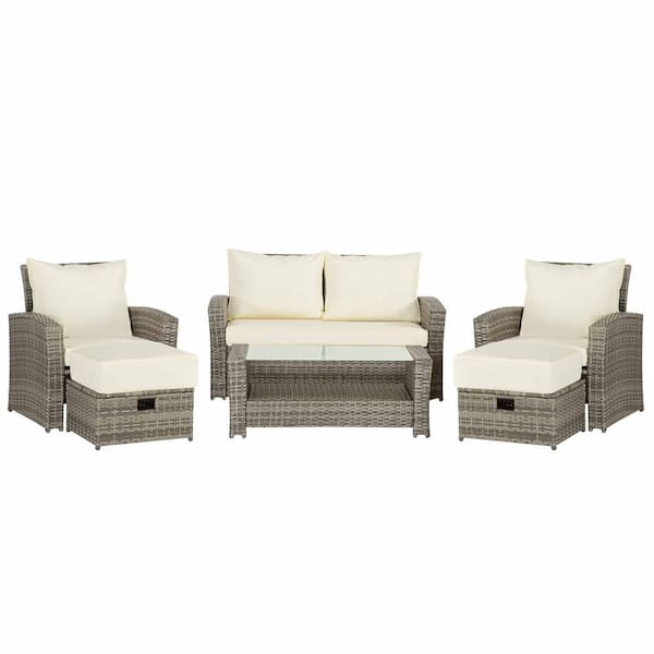 Sudzendf Gray 6-Piece Wicker Patio Conversation Set with Beige Cushions and Coffee Table
